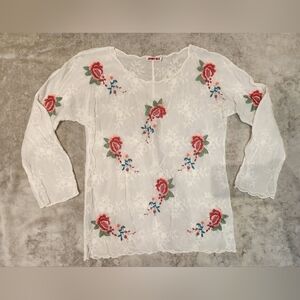 Johnny Was White Blouse with Red Floral Embroidery